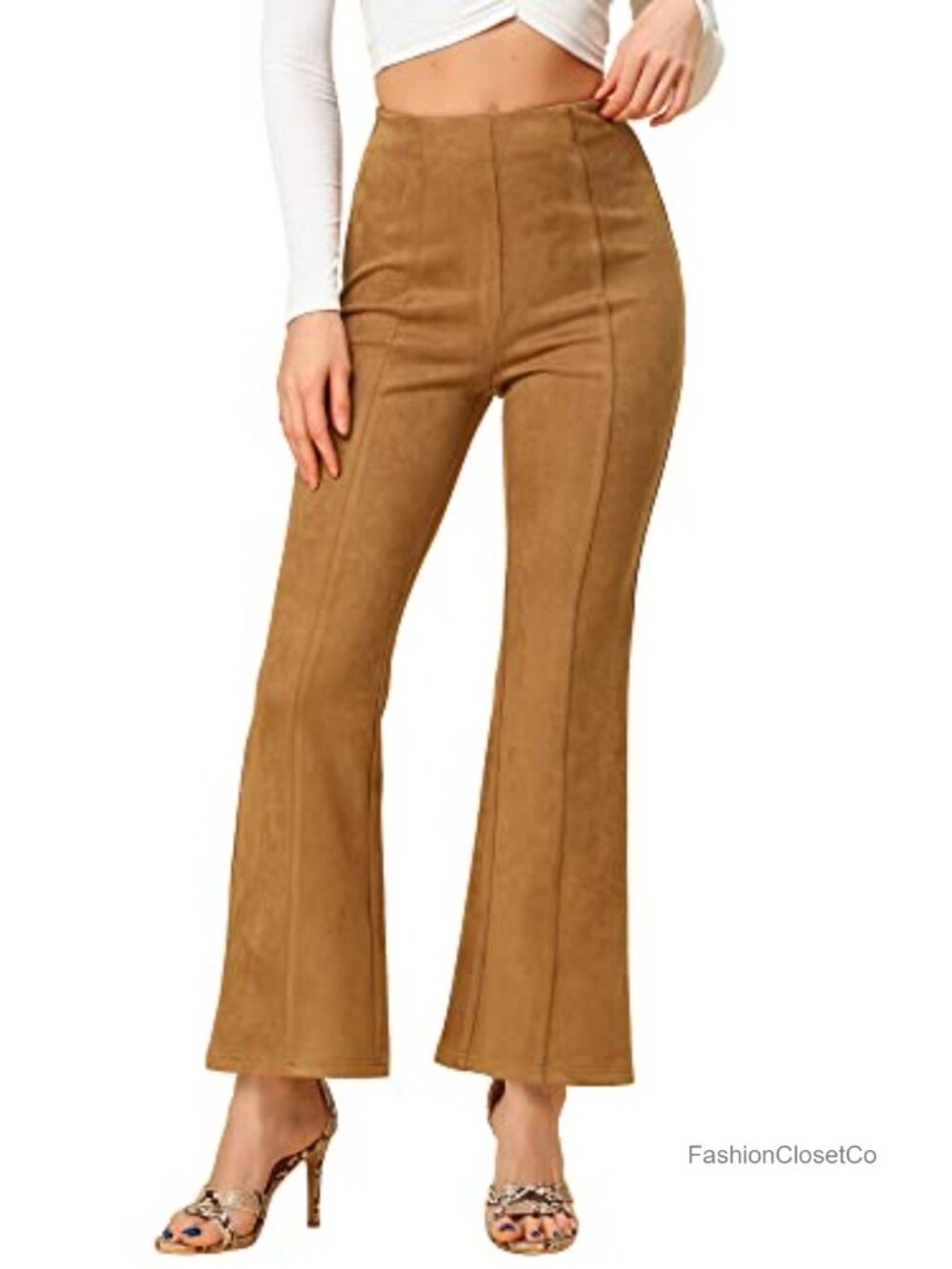 Faux Suede Wide Leg Bell Bottom Trousers High Waist Flared Pants